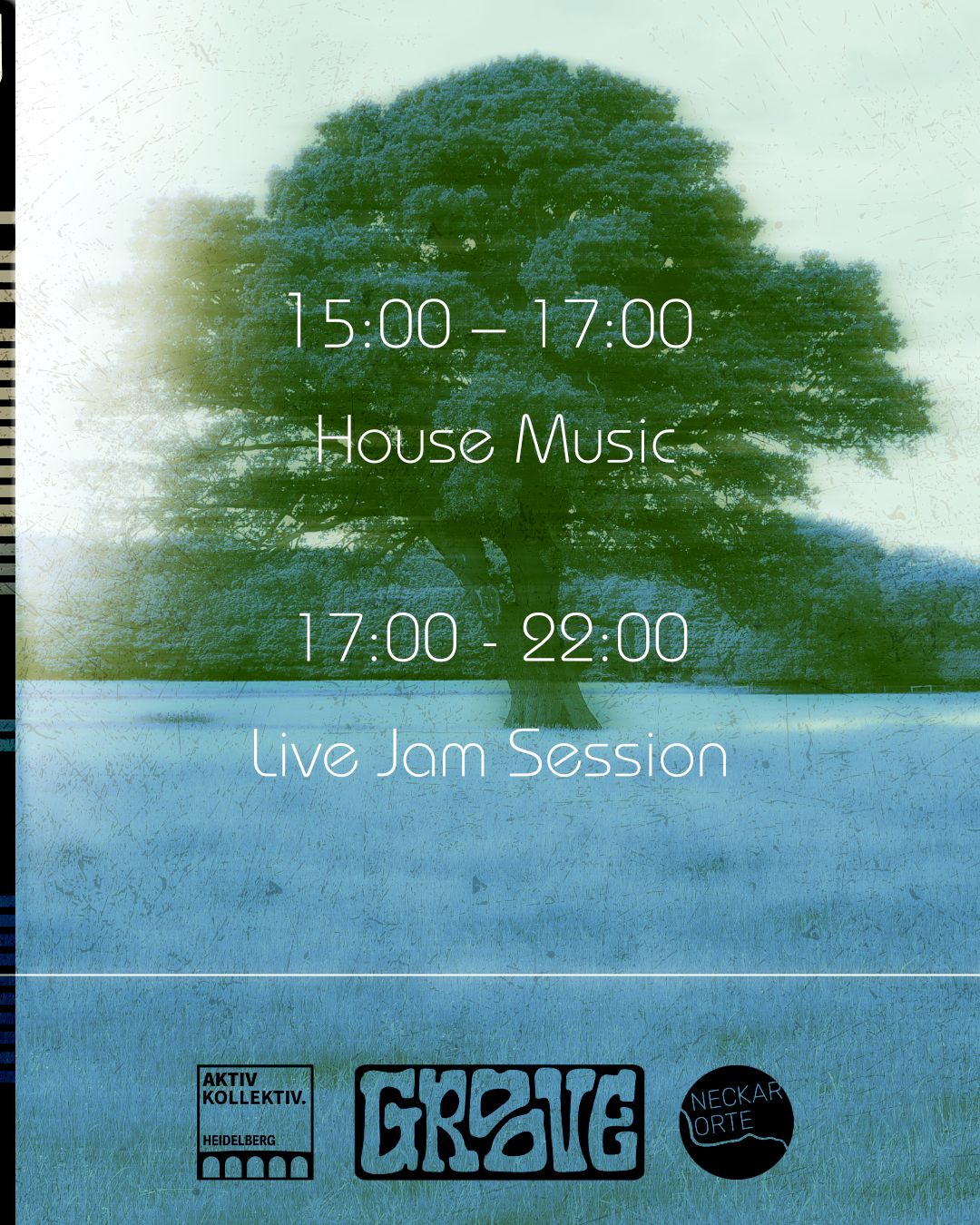 URB \JAM Programm – 15 bis 17 Uhr House Music, 17 bis 22 Uhr Live Jam Session, mit Logos von Aktiv Kollektiv, GROOVE und Neckarorte